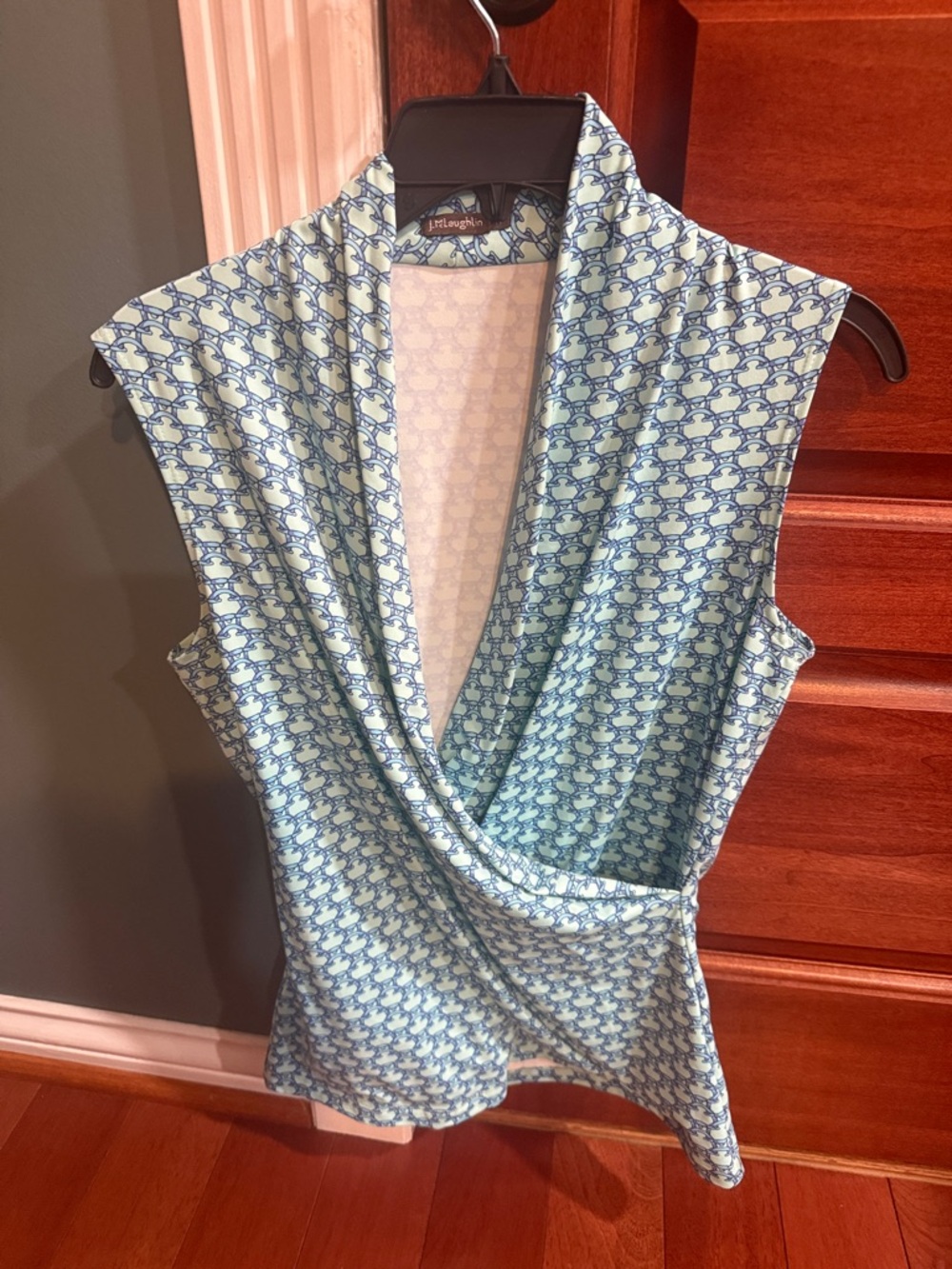 J. McLaughlin Light Blue Patterned Sleeveless Draped Wrap Top